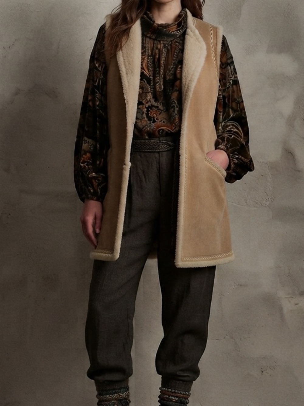 Vintage Y2K Shearling Long Vest Tan Cream Embroidered Medium Boho